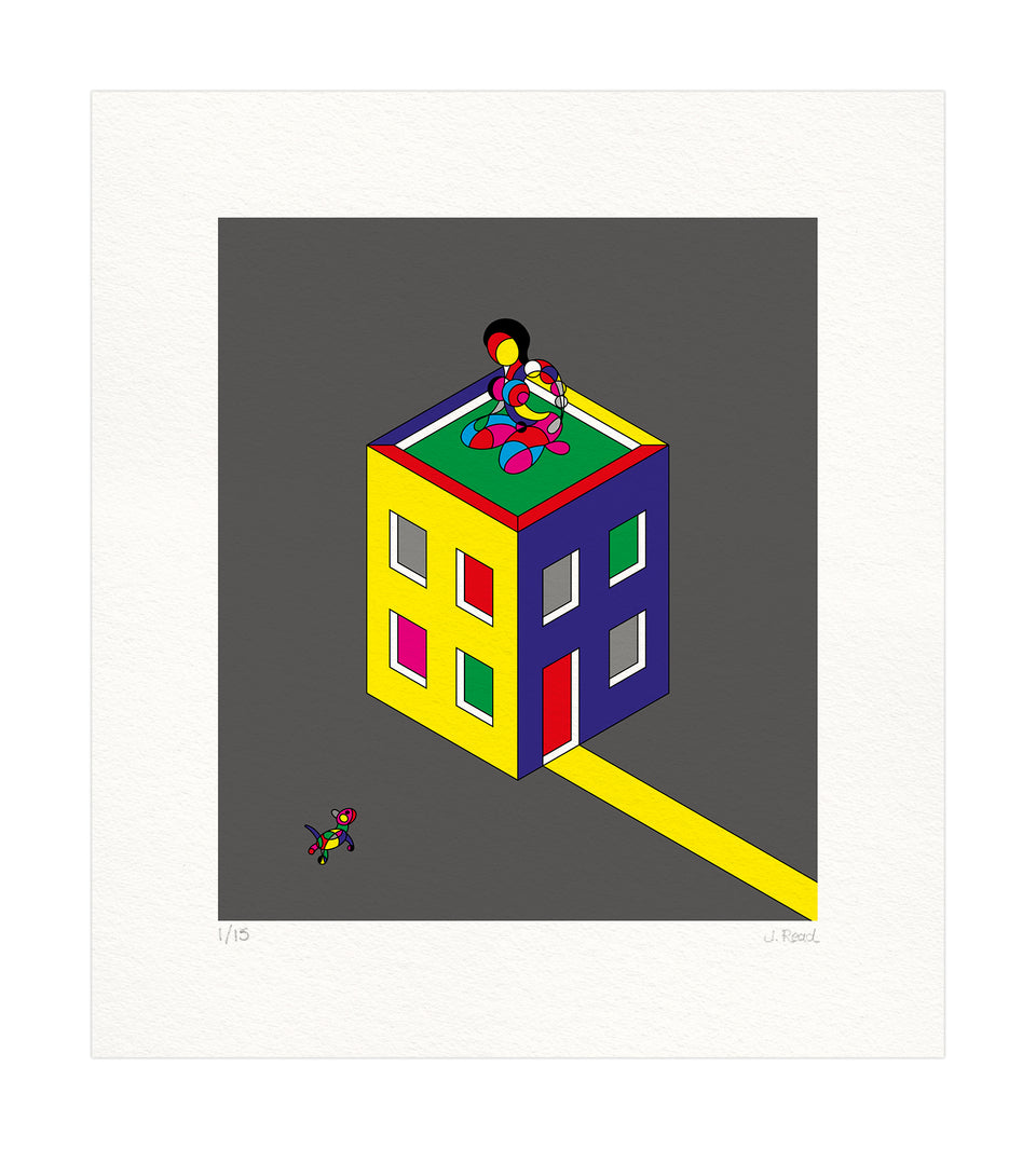 Female on building - grey