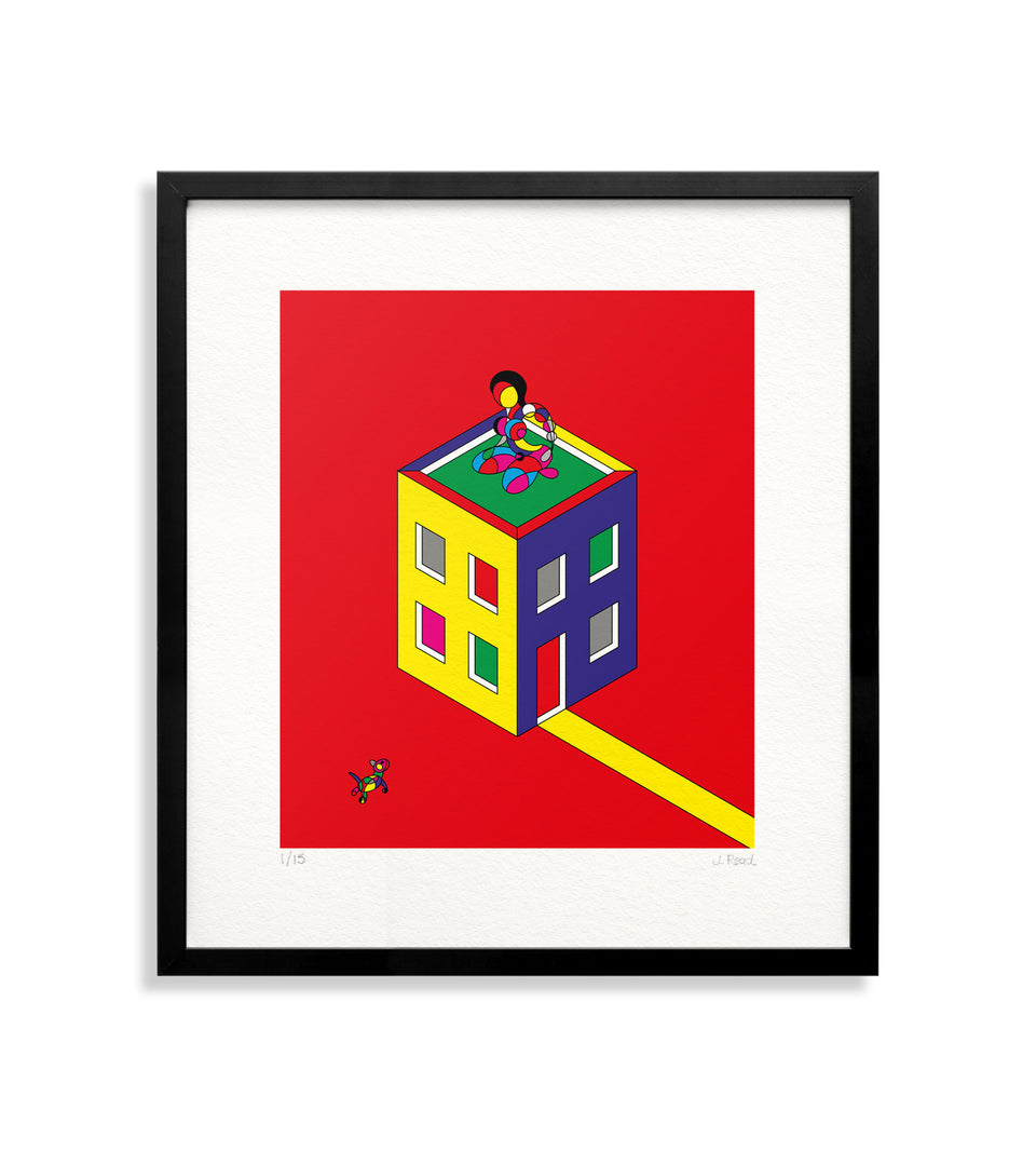 Female on building - red