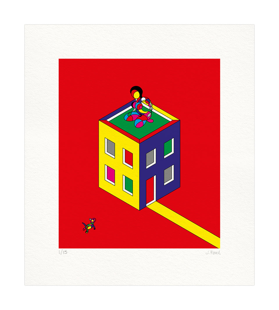 Female on building - red