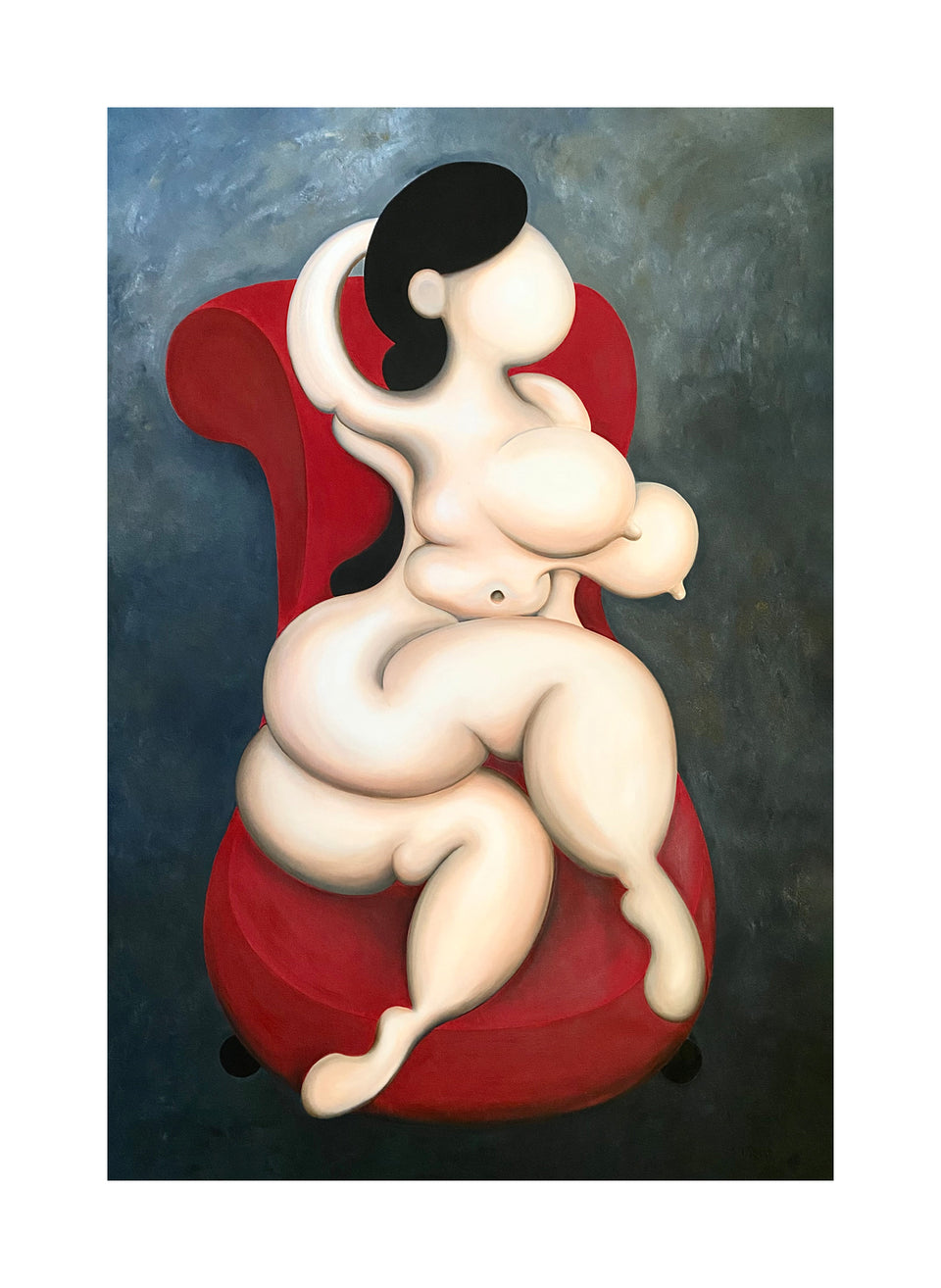 Female reclining on red chair